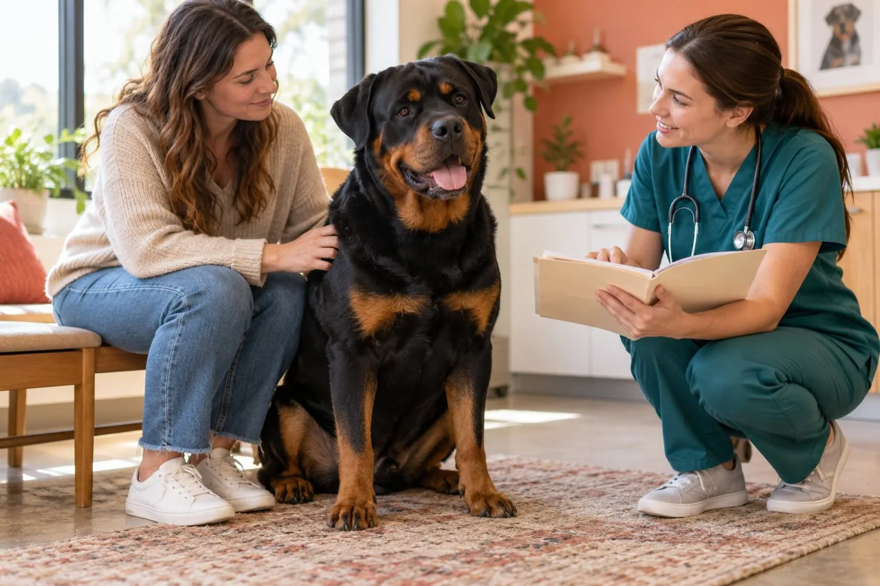Owner and large dog meeting a veterinary professional