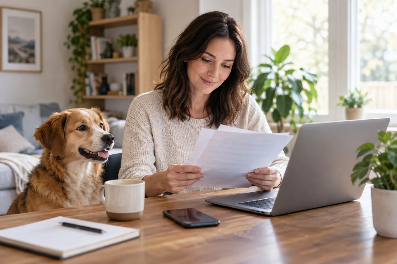 Owner organizing papers beside a laptop and dog